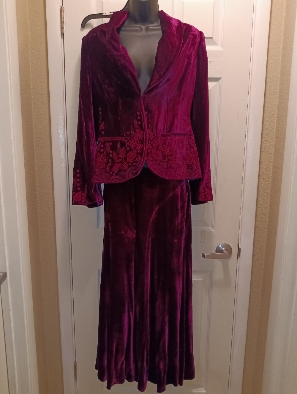 MWT Zelda Velvet Long Skirt and Embroidered Jacket - Deep Magenta